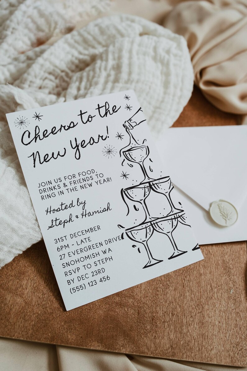 New Year's Eve Champagne Tower Invitation Template, Printable Cheers To The New Year Invite, Editable Whimsical Invite, Digital Download image 3