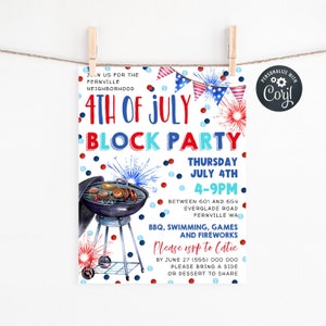 May include: Invitation to a 4th of July block party in Fernville, Washington. The invitation features a red, white, and blue color scheme with fireworks, a grill, and confetti. The party will be held on Thursday, July 4th from 4-9pm. RSVP to Catie by June 27th.