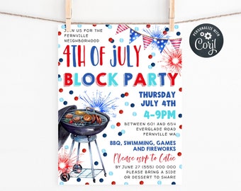 May include: Invitation to a 4th of July block party in Fernville, Washington. The invitation features a red, white, and blue color scheme with fireworks, a grill, and confetti. The party will be held on Thursday, July 4th from 4-9pm. RSVP to Catie by June 27th.