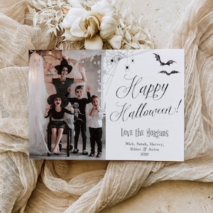 Minimalist Halloween Photo Card Template, Printable Spooky Holiday Card, Editable Spiders Family Halloween Greeting Card, Digital Download image 1