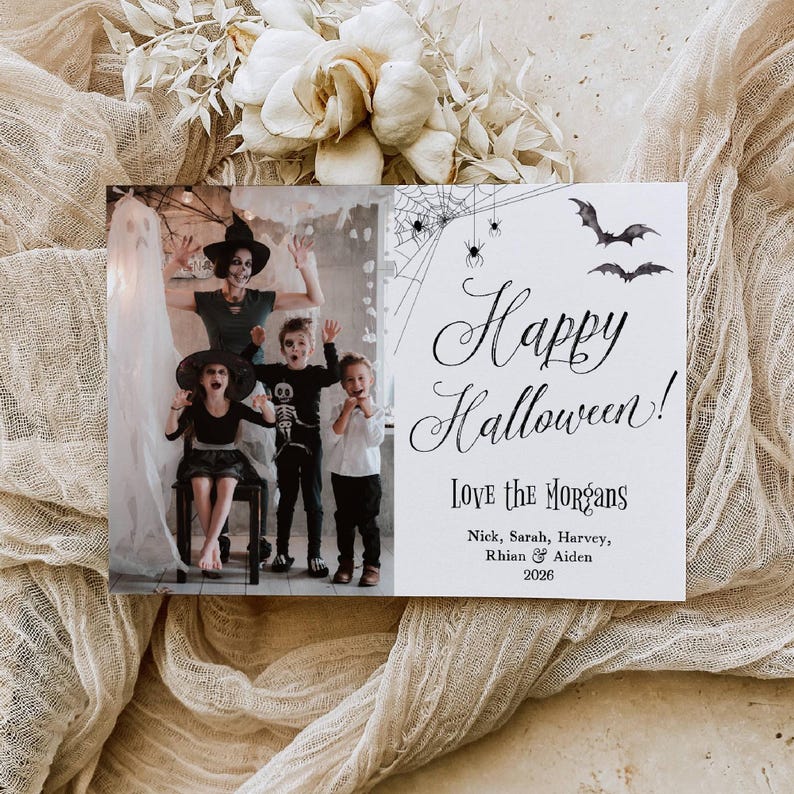 Minimalist Halloween Photo Card Template, Printable Spooky Holiday Card, Editable Spiders Family Halloween Greeting Card, Digital Download image 1