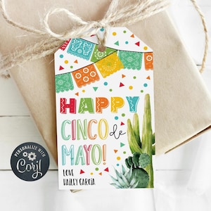 Sjabloon Happy Cinco de Mayo cadeaukaartje, afdrukbare Mexicaanse Fiesta gunsttags, bewerkbare regenboogcactus confetti cadeaukaartje, Instant Download