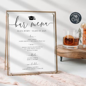 Graduation Bar Menu Schild Vorlage, druckbares elegantes Grad Party Getränke Schild, bearbeitbare College Graduate Cocktail Liste, sofortiger Download, #G1