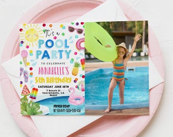 May include: A rectangular pool party invitation card featuring colorful illustrations of a sun, ice cream, pineapple, watermelon, and a flamingo float. The text reads It's a POOL PARTY TO CELEBRATE ANNABELLE'S 5TH BIRTHDAY SATURDAY JUNE 18TH.