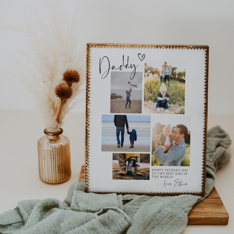 May include: A framed photo collage with a gold border and the word "Daddy" in script. The collage includes family photos and the text "Happy Father's Day to the best dad in the world" and "Love Ethan".