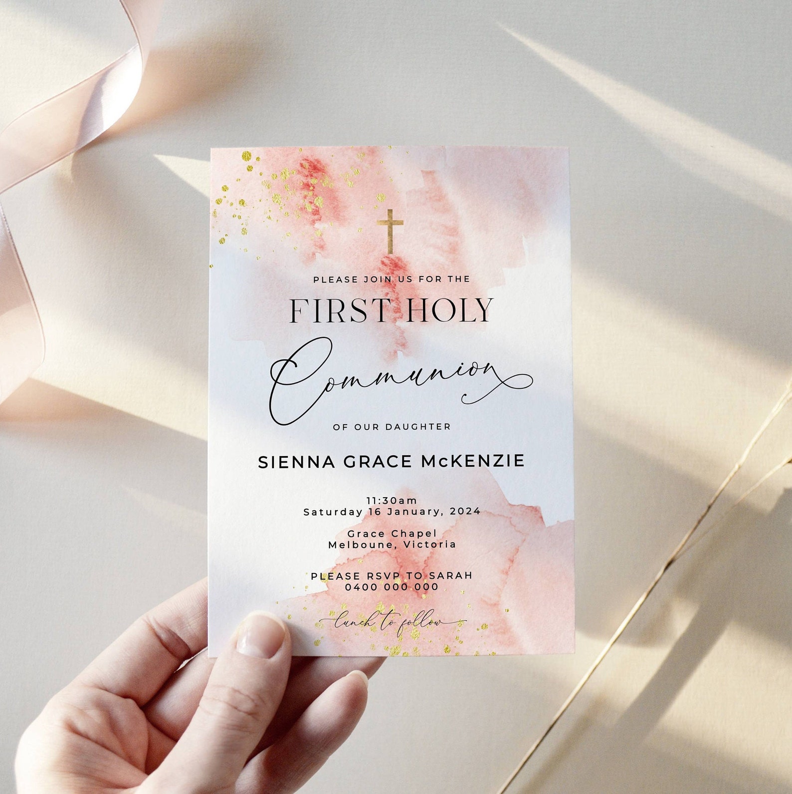 Editable Blush Pink & Gold First Holy Communion Invitation Template ...
