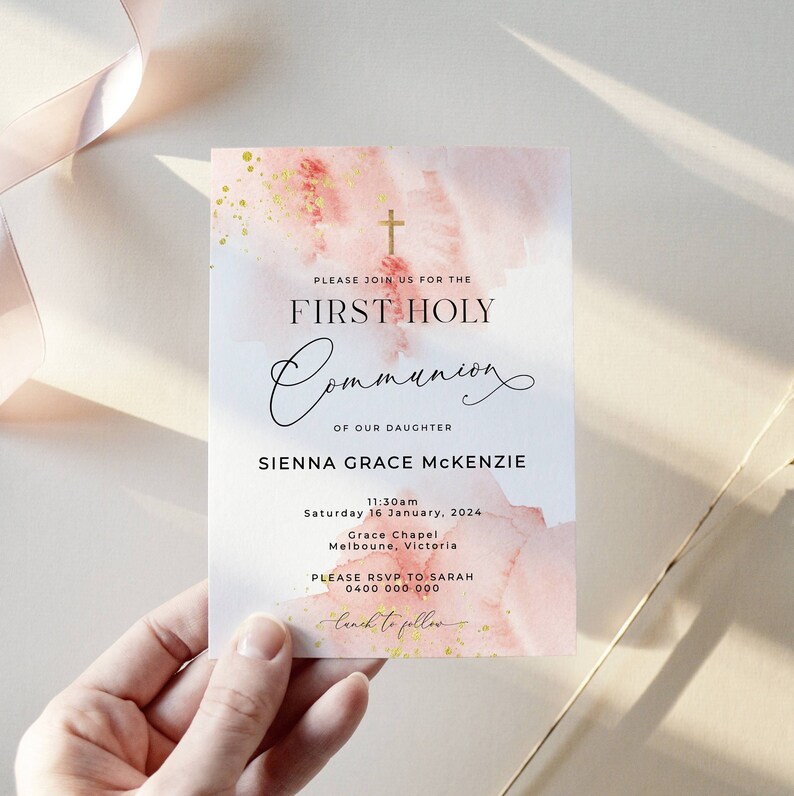Editable Blush Pink & Gold First Holy Communion Invitation Template ...