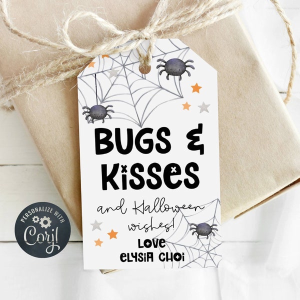 Bugs & Kisses Halloween Gift Tag Template, Printable Halloween Wishes Favor Tags, Editable Spiderweb Stars Treat Bag Tag, Instant Download