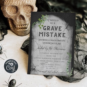 Modelo de convite de Halloween com lápide, convite para festa à fantasia de Halloween com lápide para impressão, convite gótico editável, download instantâneo