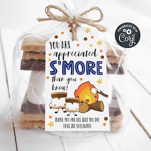 Editable S'mores Gift Tag Template, Printable Appreciated Smore Than You Know Tag, Teacher Employee Appreciation Favor Tag, Instant Download