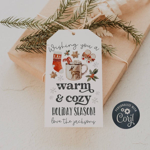 Warm & Cozy Christmas Gift Tag Template, Printable Winter Holiday Favor Tag, Editable Socks Stocking Gloves Sweater Tag, Instant Download