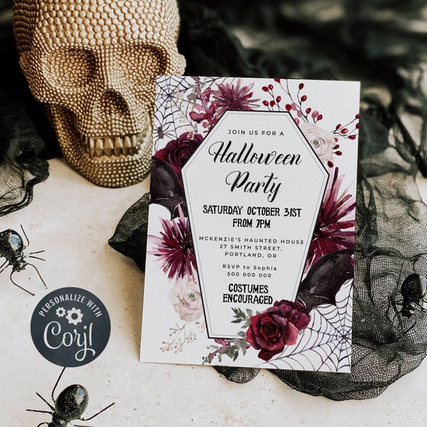 Adult Halloween Party Invitation Template, Printable Floral Spider Coffin Invite, Editable Spooktacular Costume Party, Instant Download, #H1