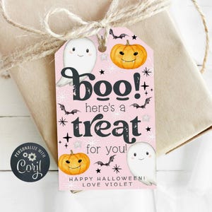 Cute Pink Halloween Ghost Gift Tag Template, Printable Boo Here&#39;s A Treat For You Favor Tags, Editable Trick Or Treat Tags, Instant Download