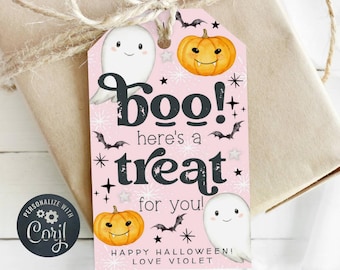 May include: Pink Halloween treat bag tag with a ghost and pumpkin illustration. The tag says "Boo! here's a treat for you!" and "Happy Halloween! Love Violet".
