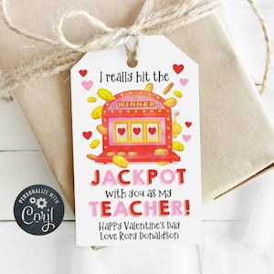 Szablon etykiety upominkowej Jackpot Teacher Appreciation Valentine's Day, etykieta loterii dla nauczycieli do wydrukowania, edytowalna zdrapka, natychmiastowe pobieranie