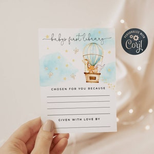 Heißluftballon-Buchplattenvorlage, druckbare Baby-Dusche-Buchetiketten, bearbeitbare Babys erste Bibliotheksaufkleber, sofortiger Download, #HA