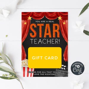 Leraar waardering film cadeaukaart houder sjabloon, afdrukbare You Are A Star Tag, bewerkbaar personeel Popcorn Cinema cadeau, Instant Download