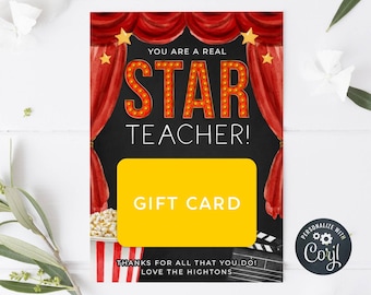 May include: A red and black gift card with a movie theater theme. The card says "You are a real star teacher!" and has a space for a gift card. The card also has a popcorn bucket, a movie clapperboard, and a red curtain.