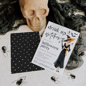 Drink Up Witches Halloween Invitation Template, Printable Costume Party Invite, Editable Cocktail Bats Witch Invite, Digital Download image 2