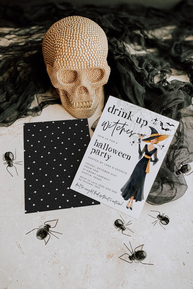 Drink Up Witches Halloween Invitation Template, Printable Costume Party Invite, Editable Cocktail Bats Witch Invite, Digital Download image 2
