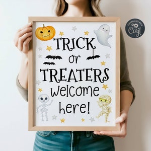 Halloween Trick Or Treat Door Sign Template, Printable Trick Or Treaters Welcome Here Poster, Editable Cute Halloween Sign, Instant Download