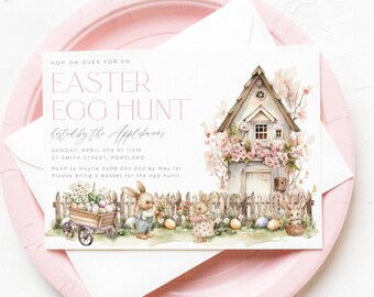 Plantilla de invitación para la búsqueda de huevos de Pascua, invitación imprimible para el brunch de Pascua con conejitos, invitación editable para la búsqueda de huevos de Pascua en tonos pastel para niños, descarga digital.