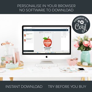 May include: A computer screen displaying a printable teacher appreciation card with a red apple and the text "Happy Teacher Appreciation Day! Thank you so much for all that you do!" The card is being edited on the website "Corjl.com".
