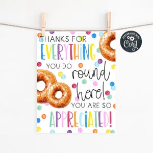 May include: A print with the text "THANKS FOR EVERYTHING YOU DO round here! YOU ARE SO APPRECIATED!" and watercolor illustrations of bagels and colorful confetti. The print is held by wooden clothespins.