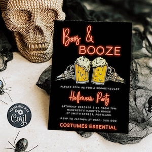 Plantilla de invitación para fiesta de Halloween con bebidas alcohólicas y neón, invitación editable de Halloween para adultos, invitación imprimible de cerveza esqueleto, descarga instantánea