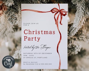 Red Ribbon Christmas Party Invitation Template, Printable Whimsical Holiday Invite, Editable Minimalist Invite, Digital Download