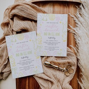 May include: Two pastel pink and yellow Easter brunch invitations with bunny and egg illustrations. The text reads "Hop on over for Easter brunch and an egg hunt" and includes the date, time, and location of the event. RSVP information is also included.