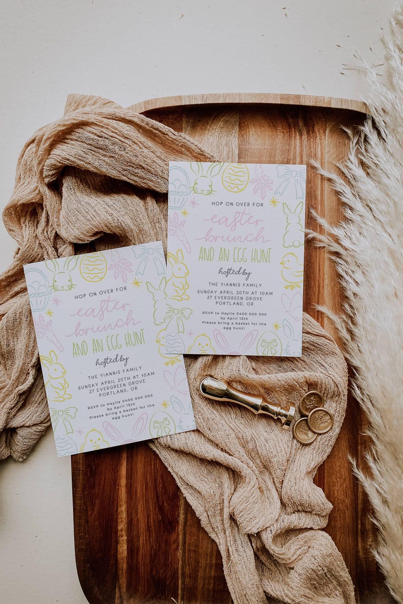 May include: Two pastel pink and yellow Easter brunch invitations with bunny and egg illustrations. The text reads "Hop on over for Easter brunch and an egg hunt" and includes the date, time, and location of the event. RSVP information is also included.