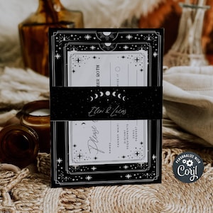 Tarot Karte Hochzeit Belly Band Template, bedruckbare Einladungskarte mit Mondphasen, bearbeitbarer Gothic Invite Wrap, Sofort Download, #H9