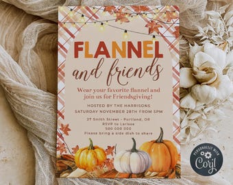 Friendsgiving Invitation Template, Printable Flannel And Friends Invite, Editable Fall Autumn Thanksgiving Dinner Invite, Digital Download