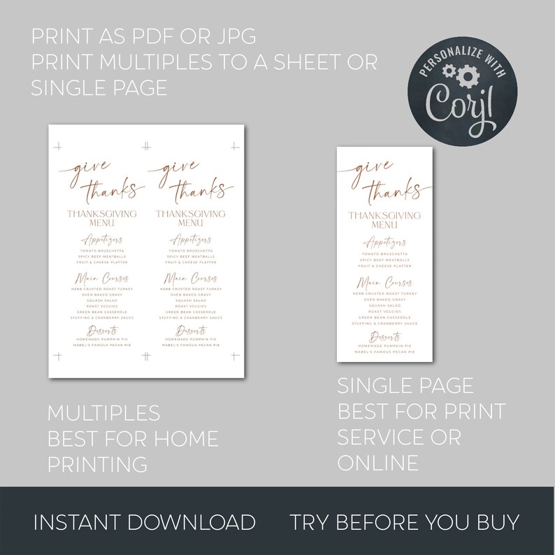 May include: A digital Thanksgiving menu template featuring the text give thanks in copper script, with sections for appetizers, main courses, and desserts. The layout includes a multi-page sheet for home printing and a single page for professional services.