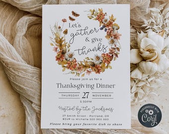 Thanksgiving Dinner Einladung Vorlage, druckbare Blumen Friendsgiving einladen, bearbeitbar Let's Gather & Give Danke einladen, digitaler Download