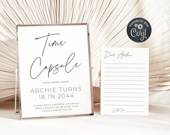 Modern 1st Birthday Time Capsule Template, Printable Minimalist First Birthday Guestbook Sign, Editable Capsule Card, Digital Download, #B1