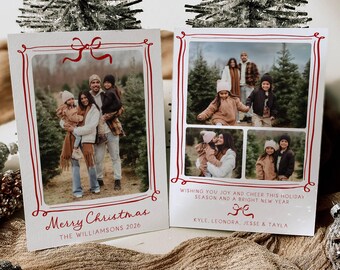 Whimsical Photo Holiday Card Template, Printable Hand Drawn Bow Frame Christmas Card, Editable Sketch Greeting Card, Digital Download