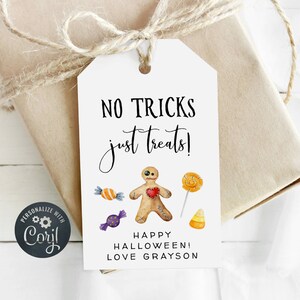 No Tricks Just Treats Gift Tag, Printable Halloween Party Favor Tag Template, Editable Spooky Trick or Treat Bag Tags, Instant Download