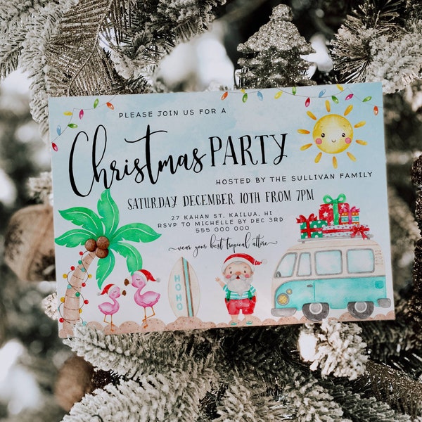 Tropical Christmas Party Invitation Template, Printable Summer Fun Holiday Invite, Editable Beach Christmas Party Invite, Instant Download