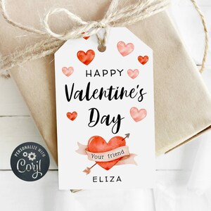 Valentine&#39;s Day Gift Tag Template, Editable Cute Hearts Valentine Favor Tag, Printable School Classroom Simple Valentine, Instant Download