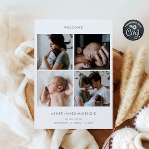 Modèle de faire-part de naissance photos minimaliste, cartes de naissance imprimables pour nouveau-né, photographie moderne modifiable Merci, téléchargement immédiat