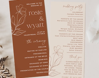 Terracotta Beige Wedding Program Template, Printable Boho Desert Order Of Ceremony, Editable Copper Floral Program, Digital Download, #TCW