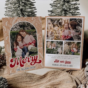 Retro Merry Arch Foto Feiertagskartenvorlage, druckbare Kraft Weihnachtskarte, bearbeitbare 70er Jahre Familienfotos Grußkarte, sofortiger Download
