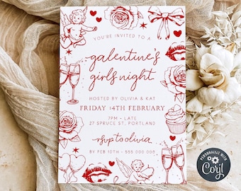 Editable Galentine's Girls Night Party Invitation Template, Printable Hand Drawn Doodles Valentine's Day Invite, Digital Download