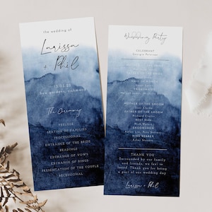 Navy Ombre Hochzeitsprogramm Vorlage, Druckbare dunkelblaues Aquarell Hochzeitsprogramm, bearbeitbare Reihenfolge der Zeremonie, Sofort Download, #WC1