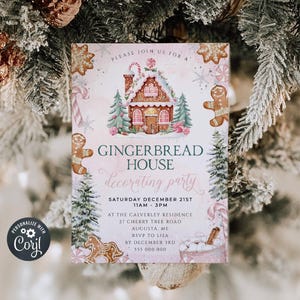 Lebkuchenhaus Dekorieren Party Einladen Vorlage, druckbare rosa Weihnachtsplätzchenparty, bearbeitbare Weihnachtsfeier, sofortiger Download, #C0