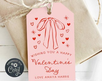 Plantilla de etiqueta de regalo de San Valentín con lazo rojo caprichoso, etiqueta imprimible de recuerdo de San Valentín dibujada a mano con cinta, etiqueta escolar editable, descarga digital