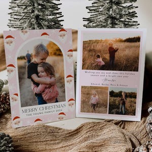 Modèle de carte de vœux Boho Santa, carte de Noël imprimable avec photo arche rétro, carte de voeux de famille rose moderne modifiable, téléchargement immédiat
