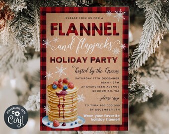 Puede incluir: Una invitación a cuadros rojos y negros para una "Fiesta de Navidad de Franela y Panqueques" organizada por los Greens el sábado 17 de diciembre de 10:00 a.m. a 2:00 p.m. en 27 Evergreen Avenue, Snohomish, WA. La invitación presenta una ilustración de acuarela de una pila de panqueques con bayas y jarabe.